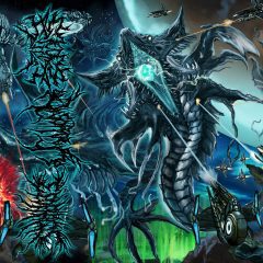 Blue cover art for Hymns of Devastation split
