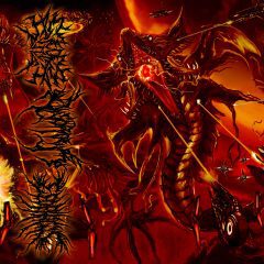 Red cover art for Hymns of Devastation split